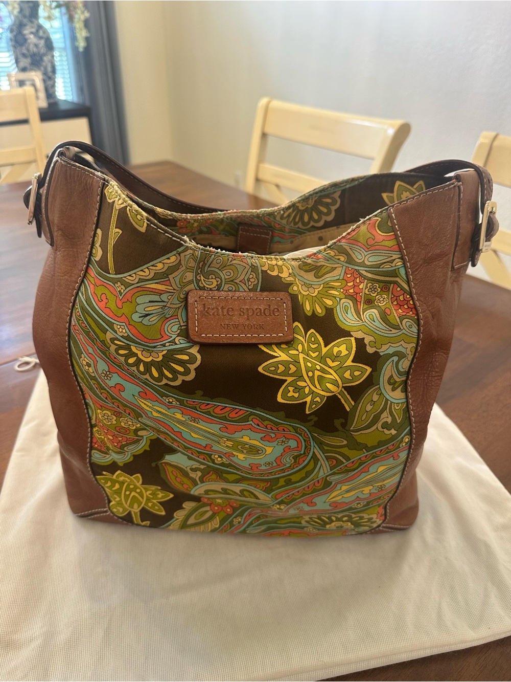 kate spade Brown Leather & Olive Multi Paisley Shoulder Bag